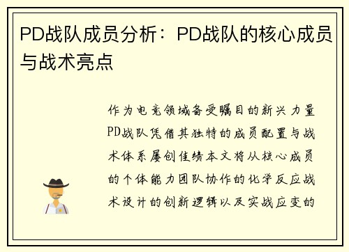 PD战队成员分析：PD战队的核心成员与战术亮点